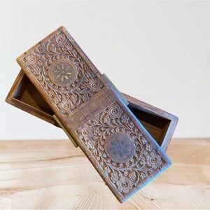 Vintage Hand Carved Wooden Box Brass Handles Inlaid Trinket Jewelry Box 10.5"
